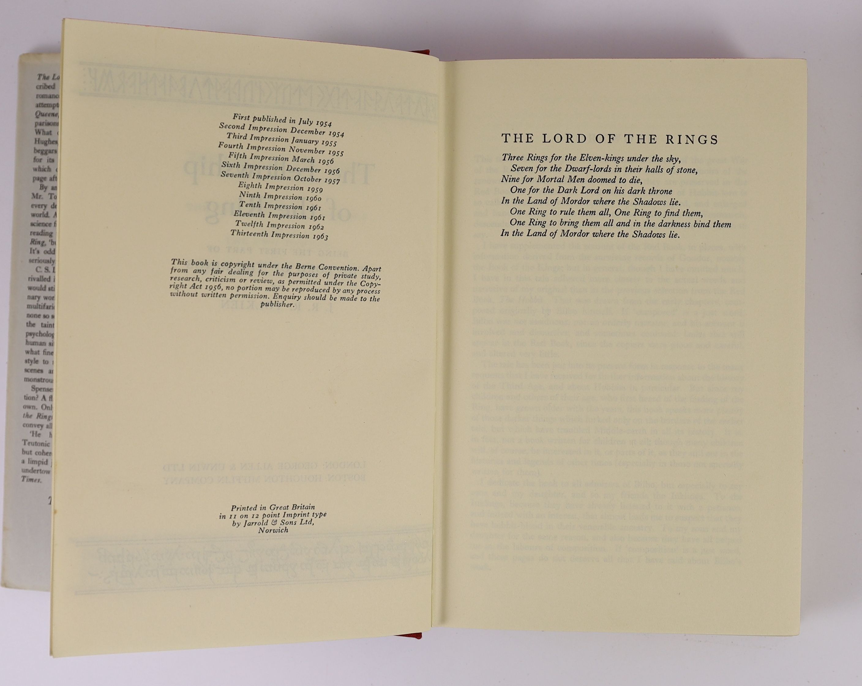 Tolkien, J.R.R - The Lord of the Rings, 3 vols, 8vo, all with d/j’s, 13th impression of Fellowship, 10th impressions of Towers and Return, London, George Allen and Unwin, London, 1963